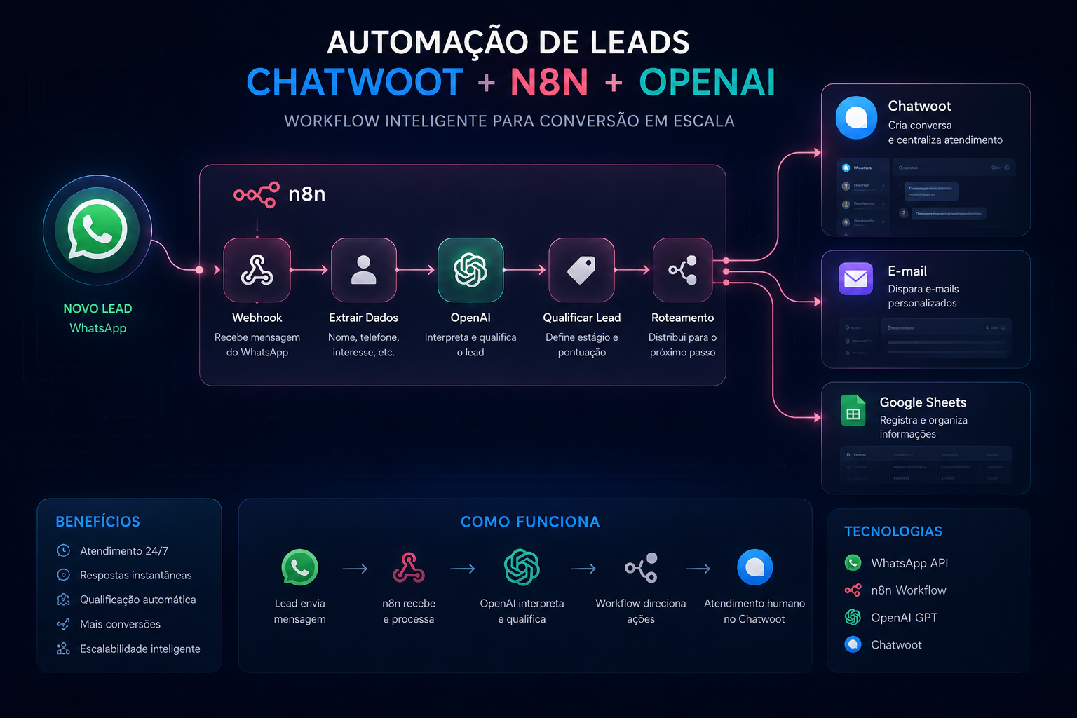 Visão geral do fluxo automatizado para atendimento e qualificação de leads